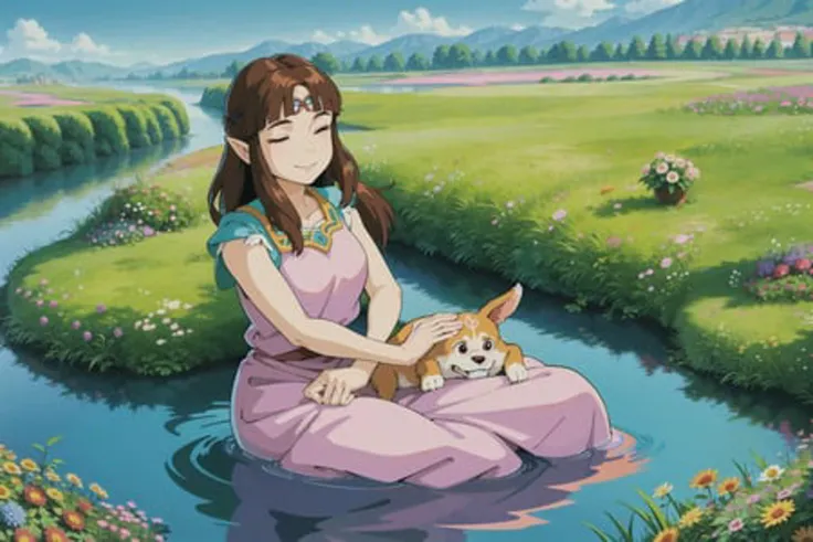 ghibli style, many colors, correct anatomy, perfect lighting, vibrant, ultra detailed, princess zelda looking at river, 2 eyes closed, (woman:1.4), (alone:1.3), long eyelashes, 20 years old, smiling, (dark brown hair:1.1), outdoors, many flowers, sunrise, dog sitting, <lora:studioGhibliStyle_offset:0.6>