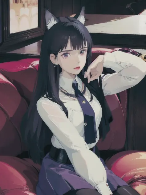 Omertosa, 1girl, head, sitting on sofa, night club, dark indoor, low lights, holding a glass, city, night, chandeliers, Tokyo, full body, hair dressing, long hair, black hair, black shirt, white shirt, tie, leather tie, silk tie, student dress, open jacket, leather jacket, leather skirt, pleated skirt, short skirt, belt, cat ears, jewelry, pony tails, floating hair, bright eyes, light eye makeup, puffy eyes, medium lips, lipstick, dark lipstick, dimple, thin face, beautiful face, detailed face, earrings, feminine, [:(detailed face:1.2):0.2],(looking at viewer:1.2), medium breasts, slim waist, long legs, pretty legs, thigh lace bands, real skin texture, shinny skin, oily skin, posing, supermodel, most viewed, nikon d750 f/1.4 55mm, detailed shadow, (realistic, photo-realistic:1.37),(sharp focus:1.2),(ISO high), (masterpiece,best quality), professional lighting, ultra high res, (ulzzang-6500-v1.1:1) <lora:arknightsTexasThe_v10:1> <lora:japaneseDollLikeness_v10:0.5>,Black pantyhose,
 <lora:studioGhibliStyle_offset:1>