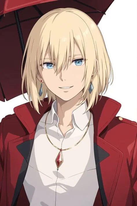 ghibli style, howl \(howl no ugoku shiro\),
1boy, bangs, blonde hair, blouse, blue eyes, coat, crystal earrings, earrings, hair between eyes, jewelry, long sleeves, looking at viewer, male focus, medium hair, necklace, parted lips, red coat, shirt, smile, solo, white background, white shirt

, ((masterpiece))
<lora:studioGhibliStyle_offset:0.65>