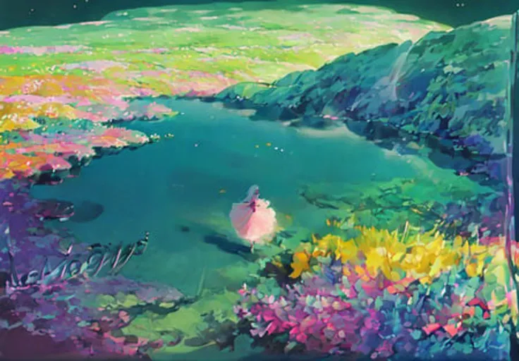 (((girl with white hair in pink dress dancing in a flower field)))