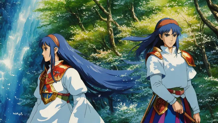 ghibli style,anime style, link from zelda's video game,Blue ice long hair Brave warrior with knight fantasy armor, full body show, RPG style, forest,(8k, best quality, masterpiece:1.2),(best quality:1.0), (ultra highres:1.0), watercolor, a beautiful woman, shoulder, hair ribbons, by agnes cecile, half body portrait, extremely luminous bright design, pastel colors, (ink:1.3), sun light <lora:studioGhibliStyle_offset:1>