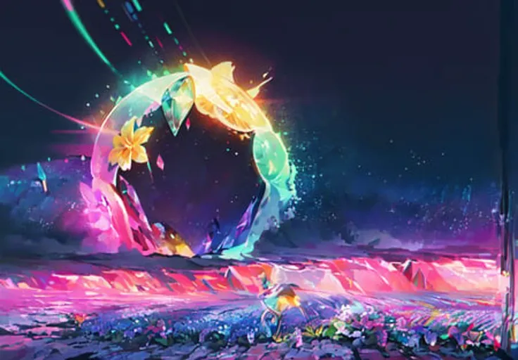 (masterpiece),(best quality:1.3),(ultra detailed:1.2),((absurdres )),(highres:1.1),(extremely detailed CG), (((1 woman))),(((one woman running in the flower field))), many colors, flowers, flower field, flowers with glitter, beautiful landscape, cinematic anime, (((distant view))), stars, moonlight, bubbles, kaleidoscope, iridescent, holographic, glittering, transparent, translucent, bright colors, bright lights, neon lighting, glowing, glowing light, glow, vaporwave, jellyfish, crystals, minerals, (realistic: 0.5), chromatic aberration, cinematic light, finely detailed face, concept art, flat colors, line art, <dalcefo, realistic, chromatic aberration>, brilliant colors, <lora:studioGhibliStyle_offset:1> ><lora:stylejelly:0.3>,<lora:glassSculptures_v05SomeDallEWatermarks(6b0c308629a3)>