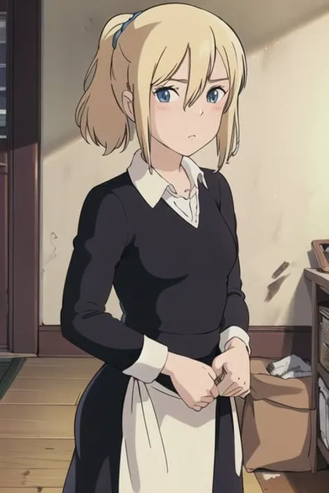 1 girl in maid suit, look at viewer, detailed, indoor, depth of field,blush, shy, messy hair, sharp focus, nsfw, clevage,
blue eyes, {seductive}, (small breasts), hayasaka_ai,blue_scrunchie, short hair,blue_eyes,hair_between_eyes, side_ponytail,(blonde_hair:1.2),sidelocks,ghibli style,