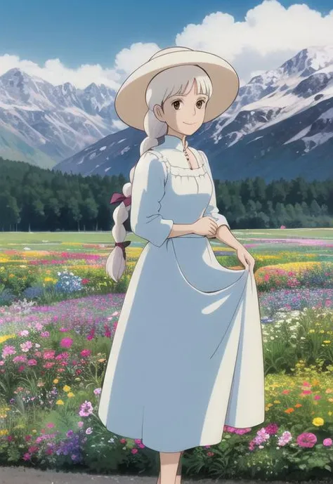 <lora:studioGhibliStyle_offset:0.95>,ghibli style,(mature),woman,thin brown eyes,snowy mountains,masterpiece,flower field,flowers,holding flowers,sophie,(straight hair),white hair,smile,plain blue dress,high collar,beige sunhat with ribbon,(full body:0.6),one long braid,(solo),Wispy Bangs :1