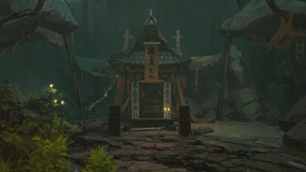 masterpiece, best quality, overgrown weeds, glowing flower Japanese shrine, dim lighting, cave interior background, hanging banners <lora:studioGhibliStyle_offset:0.6>