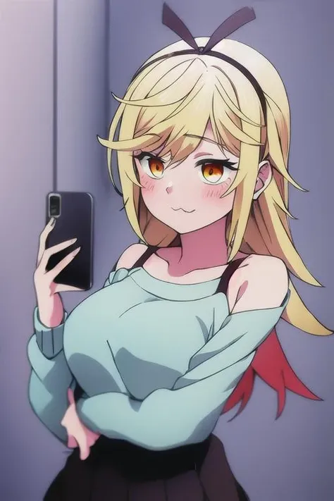 1girl blonde_hair breasts hair_ribbon legs long_hair orange_eyes panties ribbon soles solo spiky hair, :3, ;3 <lora:Kamiya Karenfm:1> :3 bare_shoulders black_shirt blonde_hair blue_eyes blue_sweater blush breasts covered_collarbone demon_horns fake_horns fang holding holding_phone horns medium_breasts one_eye_closed open_mouth phone shirt simple_background solo sweater white_background