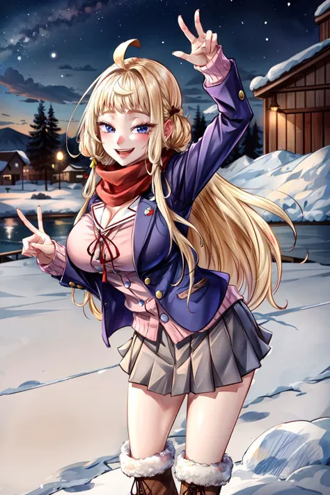 masterpiece, best quality, detailed hands, detailed lighting, highres, smile, contrapposto, kokkaido, snowy, snowflakes, peace sign,
<lora:add_detail:0.3>
<lora:EraseGroinSkirt:0.7>
<lora:CosmicEyes:0.3> , blue eyes,
<lora:fuyuki_minami:0.8> , aaminami, long hair, ahoge, large breasts, school uniform, scarf, red scarf, blue jacket, open clothes, long sleeves, neck ribbon, pink cardigan, shirt, grey skirt, boots, fur-trimmed boots, brown footwear,