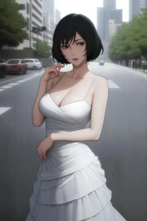 masterpiece, best quality, high quality, absurdres,
outdoors, cityscape,
looking at viewer,
dress, cleavage,
mai, <lora:Mai-10:1>