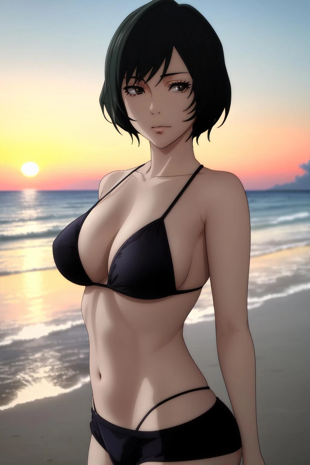 masterpiece, best quality, high quality, absurdres,
outdoors, beach, ocean, sunset
looking at viewer,
black bikini,
mai, <lora:Mai-10:1>