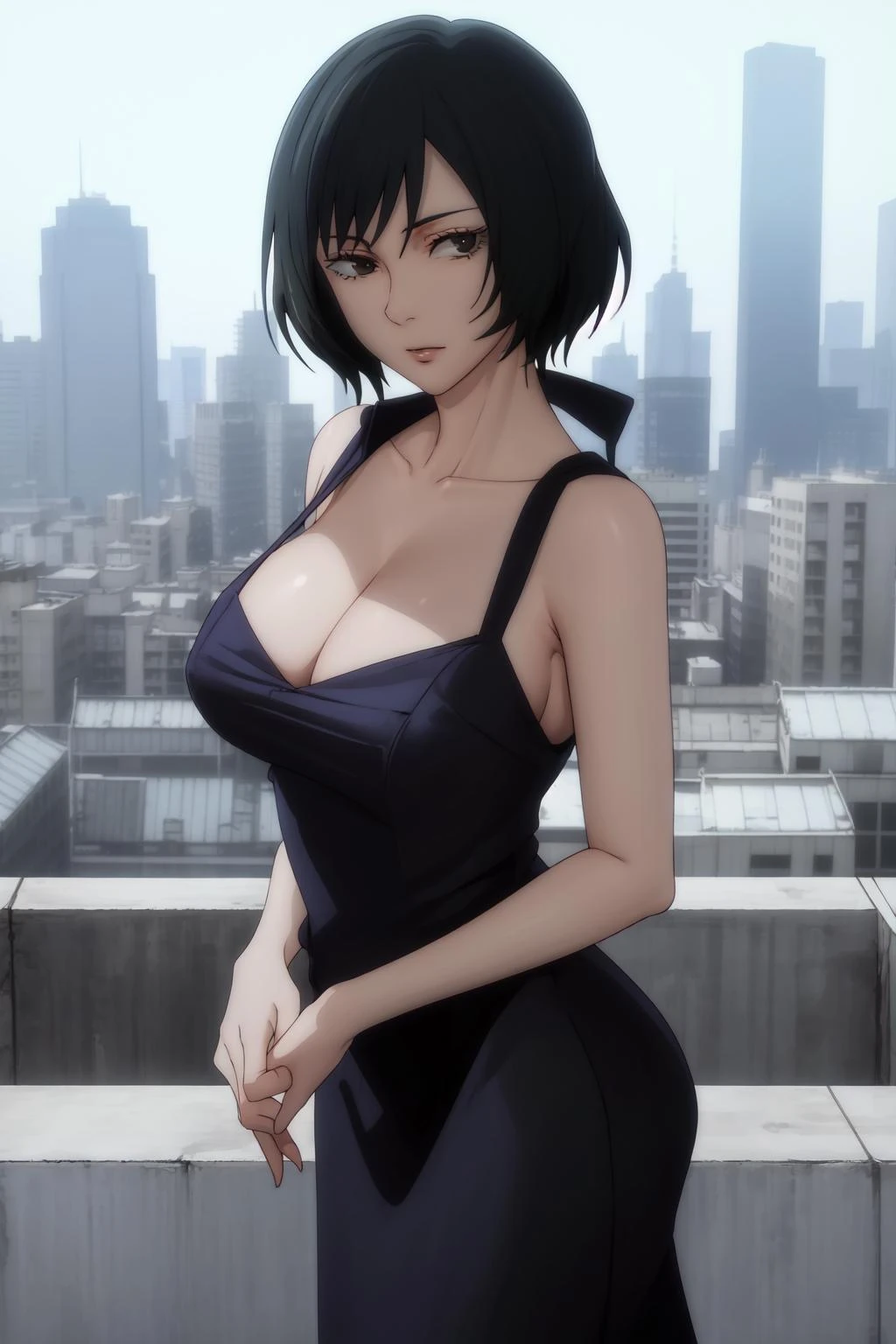 masterpiece, best quality, high quality, absurdres,
outdoors, cityscape,
looking at viewer,
dress, cleavage,
mai, <lora:Mai-10:1>
