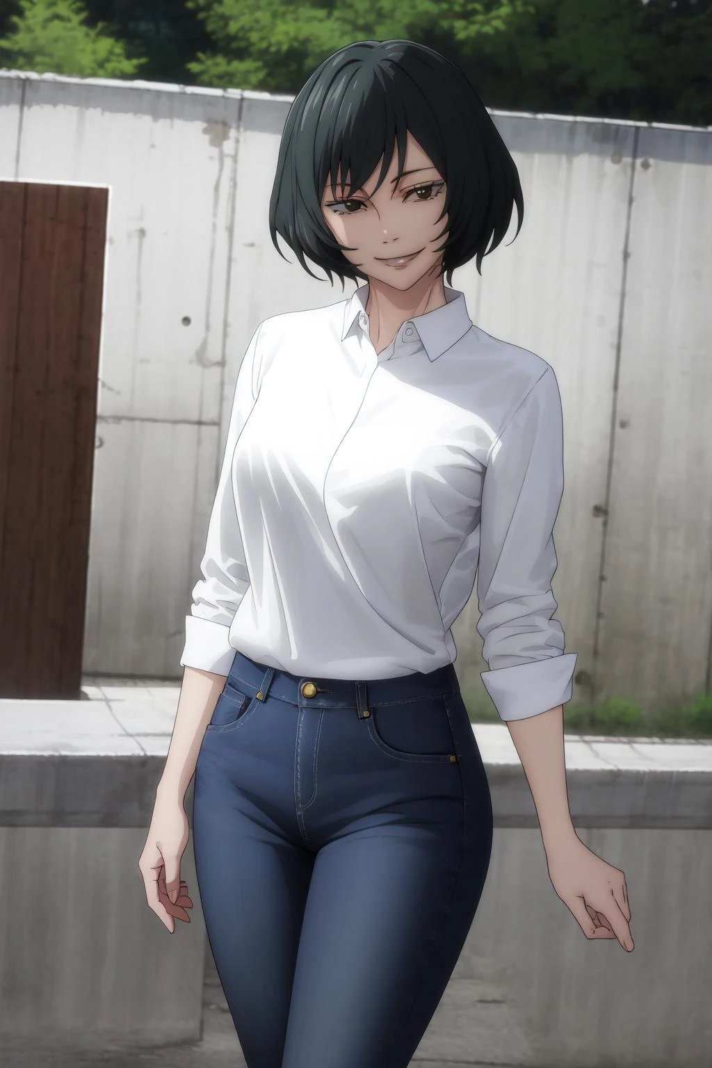 masterpiece, best quality, high quality, absurdres,
outdoors,
looking at viewer, smile,
white shirt, jeans,
mai, <lora:Mai-10:1>