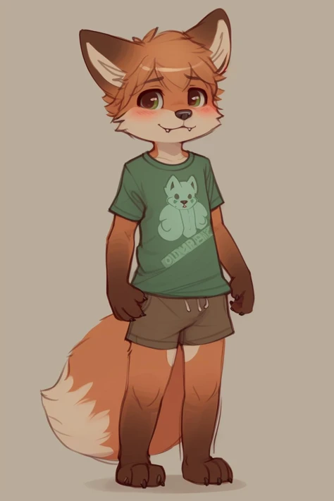 anthro, clothed, clothing, cub, cute fangs, fur, male, green shirt, brown shorts, simple background, solo, standing, topwear, young, young anthro, front view, by oldski, fox <lora:Skidoo(oldski_newski)_coconut2:0.6>