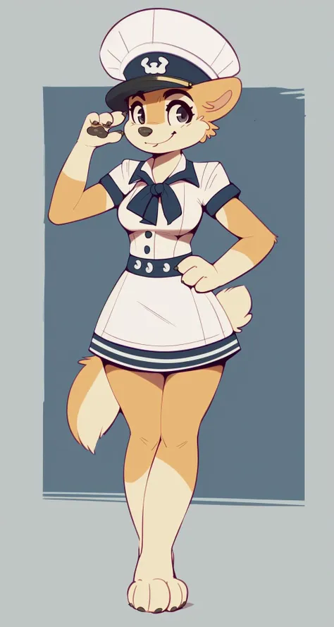 anthro, female, full body, wearing sailors uniform, pin up, looking at viewer, full body, saluting, posing, paws, smiling, by newski <lora:coconut20_skidoo_v2+45:0.65>