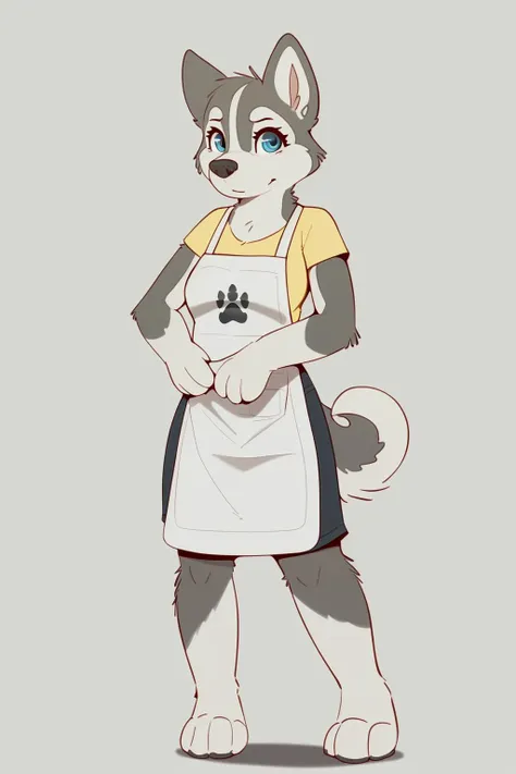 adult, anthro, white apron, blue eyes, clothed, clothing, female, footprint, fully clothed, grey background, looking at viewer, pawprint, yellow shirt, simple background, solo, standing, front view, by newski, husky <lora:Skidoo(oldski_newski)_coconut2:0.6>