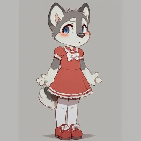 4 fingers, anthro, black nose, blue eyes, blush, bow ribbon, clothed, cub, dress, fingers, grey background, hair bow, hair ribbon, leggings, looking at viewer, female, multicolored fur, red clothing, red dress, ribbons, shoes, solo, standing, stockings, white fur, white thigh highs, young, young anthro, front view, by newski, husky <lora:Skidoo(oldski_newski)_coconut2:0.6>