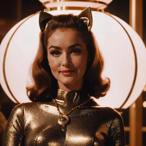 (by man ray:1) <lora:catwoman12GBv2-000004:0.7>, close-up, catwoman woman, smiling, background of retro futuristic lamp, nightime, bokeh, 4k, hyperdetailed, film, film grain, vintage camera shot