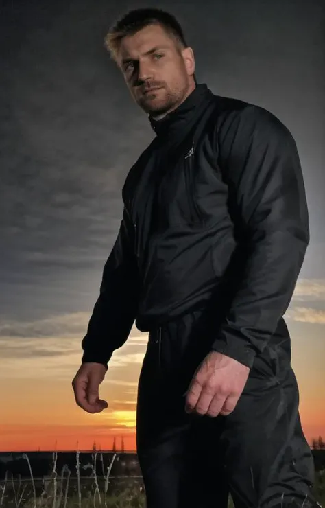 incredible portrait, 1man, fullbody, (Russian town), evanescence, gorgeous lighting, wind, mature athlete, manly, hiking clothes, elegant, sharp focus, photo by greg rutkowski, (detailed face), night, cinematic lighting, sun lighting, (film grain:1.2), <lora:Baralora:0.1>, Faux hawk, (national shirt:0.3), <lora:Rusmanshirt:0.5>, <lora:urbansamuraiv3testing:0.45>, <lora:Pereslavl_LoRA:0.8>