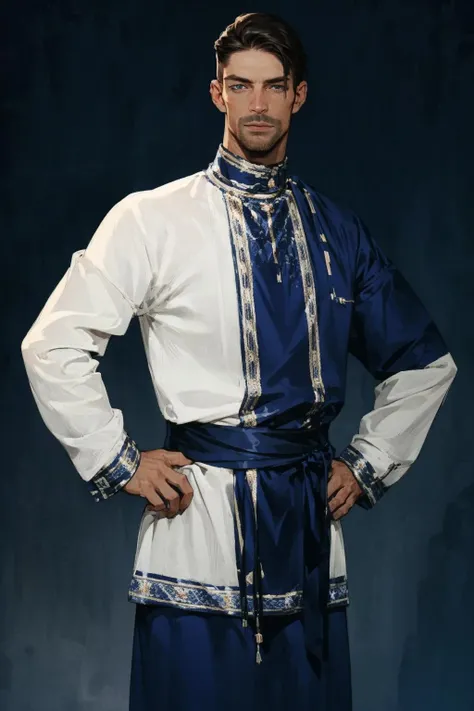 (mature man:1.3), solo, adult, black short hair, blue eyes, (white national shirt:1.1), open neckline, standing, hands on hips, (high quality), (best quality), (detailed), perfect lighting, detailed face, detailed body, <lora:Rusmanshirt:1>,