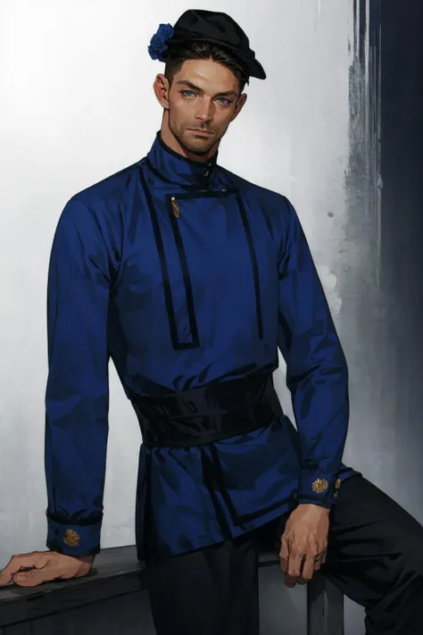 (mature man:1.3), solo, adult, black short hair, blue eyes, (national shirt:1.1), sitting, hat, (high quality), (best quality), (detailed), perfect lighting, detailed face, detailed body, <lora:Rusmanshirt:1>,