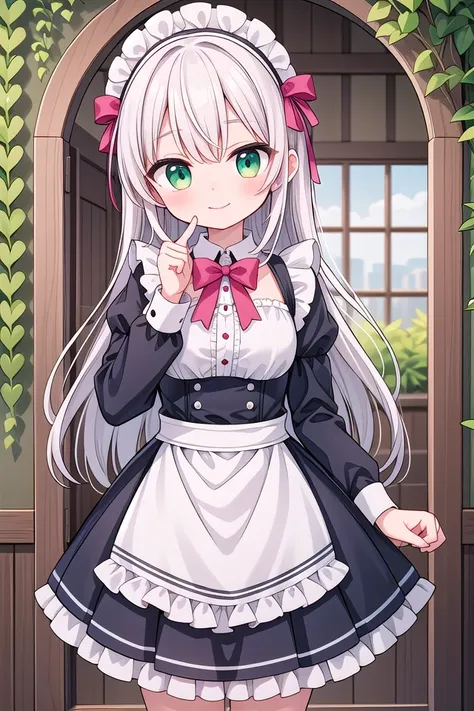 insanely detailed, absurdres, ultra-highres, ultra-detailed, best quality,
1girl, solo, nice hands, perfect hands,
BREAK
apron, blush, bow, bowtie, frilled apron, frills, long sleeves, maid, maid apron, maid headdress, waist apron, white apron
BREAK
smile, closed mouth
BREAK
finger to mouth, index finger raised, shushing, cowboy shot, looking at viewer,
BREAK
slender, kawaii, perfect symmetrical face, ultra cute girl, ultra cute face, ultra detailed eyes, ultra detailed hair, ultra cute, ultra beautiful,
BREAK
day, flower, ivy, leaf, indoors, open door, plant, potted plant, vines, window,
BREAK
white (pink:1.2) hair, green eyes, long hair, medium breasts, bangs, eyebrows visible through hair,