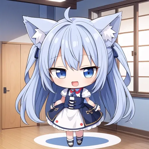 1girl, (chibi:1.4), smile, open mouth, dynamic angle, standing, animal ear, blue hair, indoors