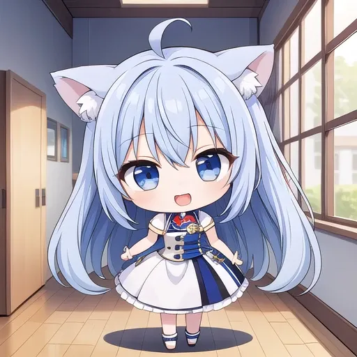 1girl, (chibi:1.4), smile, open mouth, dynamic angle, standing, animal ear, blue hair, indoors