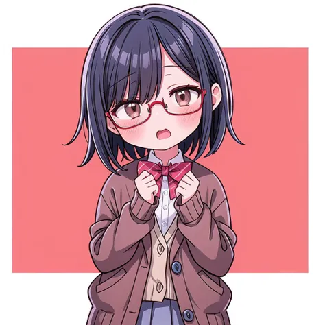 masterpiece, best quality,
1girl, solo, <lora:shiho_senpai_V1:0.8> minigirl, black hair, short hair, brown eyes, bangs, long sideburns, hair over one eye, red-framed eyewear
brown cardigan,blue stliped bow,gray plits miniskirt,blush,shy pose,facing viewer,open mouth,teeth,