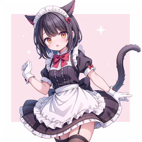 masterpiece,best quality,highly, cowboy shot
1girl, solo, miqo'teManityro, miqo'te, slit pupils, whisker markings, cat ears, cat tail, black hair, short hair,hair over one eye, orange eyes, <lora:Miqo'te_V1-Manityro-dadapt:1>,
maid dress, maid, red bow tie, bow tie, maid headdress, maid apron,White gloves with bows, thighhighs, shy, white bow, looking to the side,