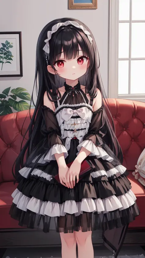 ,(masterpiece),(highres),(high quality),(beautiful illustration),
,(cute girl:1.2),(solo),(skinny),(petite),
,(black hair:1.2),(red eyes:1.2),(long hair:1.2),
,(black gothic dress),
,(indoors),
,(looking at viewer),
, <lora:Gothic_Rolita:1>,