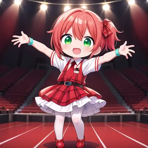 1girl, (chibi:1.4), solo, nice hands, perfect hands
BREAK
(Enchant:1.4), (red theme:1.5), ((red plaid pattern, tone on tone):1.4), (idol uniform:1.2), (fusion of sleeveless (red plaid pattern) vest and red sundress:1.4), (red tie:1.4), ((red plaid pattern) multi-layered skirt with ruffles:1.3), ((red:1.3) platform HIGH boots:1.1), (red plaid pattern ribbon on head:1.3)
BREAK
(short sleeve white collared-shirt dress layering:1.2), (black pantyhose:1.2), (belt:1.3), (wristband:1.3), (naked skin:-1), (black vest:-1), (white vest:-1), (black skirt:-1), (white skirt:-1), (cleavage:-1.5)
BREAK
happy smile, laugh, open mouth, (standing, singing, dancing:1.4),
cute pose, (full body view:1.2)
BREAK
indoors, concert hall, idol live, crowded audience
BREAK
medium breasts,
(orange medium hair, green eyes), hair between eyes
