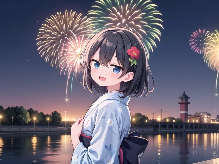 insanely detailed, absurdres, ultra-highres, ultra-detailed, best quality,
1girl, solo, nice hands, perfect hands
BREAK
large breasts, (cleavage:-1.5),
(traditional blue yukata, exquisitely detailed yukata patterns, yukata with many many flower patterns: 1.3)
BREAK
happy smile, laugh, open mouth, standing, upper body, looking at viewer, (holding stick:-1.5)
BREAK
slender, kawaii, perfect symmetrical face, ultra cute girl, ultra cute face, ultra detailed eyes, ultra detailed hair, ultra cute, ultra beautiful
BREAK
(fireworks, rainbow colored fireworks, sky filled with fireworks, many many fireworks, aerial fireworks, firecrackers, many object, a lot of glowing particles, Sparks of seven colors, fireworks fill the screen, Fill the screen, surrounded by fireworks, beautiful detailed fireworks:1.30),
(fireworks fill the screen, surrounded by fireworks, beautiful detailed fireworks:1.3),
BREAK
(at night), festive atmosphere, summer festival vibes, illuminated lanterns, crowded with people, festive decorations, extremely detailed background,
(river side, very wide, panorama view, sense of depth, magnificent view:1.3)
BREAK
(blonde hair:-1), (black:1.3) medium hair, messy hair, (black:1.2) eyes, hair between eyes