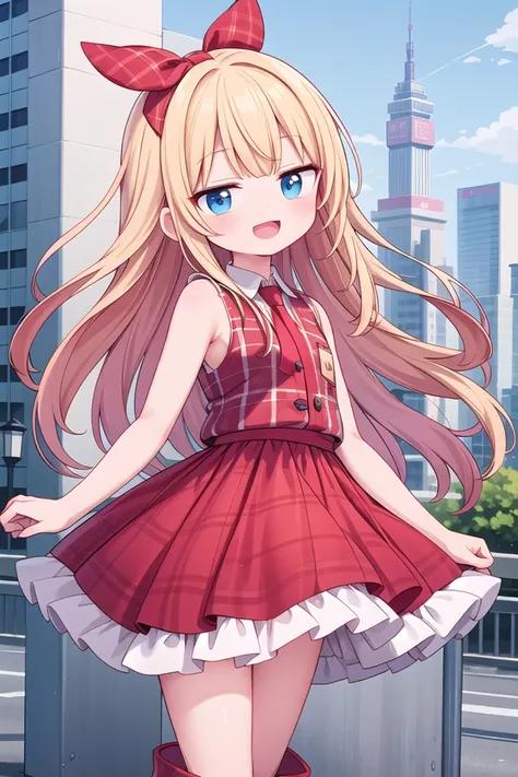 (cleavage:-1.5), insanely detailed, absurdres, ultra-highres, ultra-detailed, best quality,
1girl, solo, nice hands, perfect hands,
BREAK
(Enchant:1.4), (red theme:1.4), ((red plaid pattern, tone on tone):1.4), (idol uniform:1.2), (fusion of sleeveless (red plaid pattern) vest and red sundress:1.4), (red tie:1.4), ((red plaid pattern) multi-layered skirt with ruffles:1.3), ((red:1.3) platform HIGH boots:1.1), (red plaid pattern ribbon on head:1.3)
BREAK
happy smile, laugh, open mouth,
standing,own hands together,
cowboy shot,
BREAK
slender, kawaii, perfect symmetrical face, ultra cute girl, ultra cute face, ultra detailed eyes, ultra detailed hair, ultra cute, ultra beautiful,
BREAK
day, (cityscape in tokyo:1.2), ultra detailed background, blue sky, bay side, panorama view, (evening:-1.5), (night:-1.5),
medium breasts, blonde hair, blue eyes
