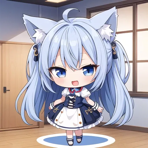 1girl, (chibi:1.4), smile, open mouth, dynamic angle, standing, animal ear, blue hair, indoors