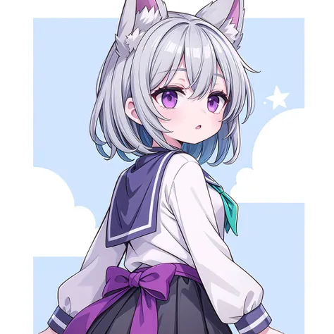 masterpiece,best quality,highly,
from behind
1girl, solo, <lora:vex3-000007:0.7>, vex1, rnd1, (grey skin:1.2), animal ear, flat chest, purple eyes
sailor collar, green neckerchief, sailor shirt, white shirt, long sleeves, pleated skirt, green skirt
