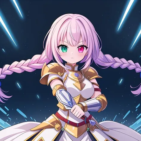 masterpiece, high quality, highres, novel illustration, <lora:Goddess[Hard]:0.8> Goddess, Goddess Style, Battle Goddess, Godlike Creature, Godlike, 1girl, solo, armor, knight electricity, glowing, glowing eyes, glowing weapon, fighting stance, (braid:1.2), heterochromia, multicolored hair,
