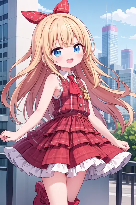 (cleavage:-1.5), insanely detailed, absurdres, ultra-highres, ultra-detailed, best quality,
1girl, solo, nice hands, perfect hands,
BREAK
(Enchant:1.4), (red theme:1.4), ((red plaid pattern, tone on tone):1.4), (idol uniform:1.2), (fusion of sleeveless (red plaid pattern) vest and red sundress:1.4), (red tie:1.4), ((red plaid pattern) multi-layered skirt with ruffles:1.3), ((red:1.3) platform HIGH boots:1.1), (red plaid pattern ribbon on head:1.3)
BREAK
happy smile, laugh, open mouth,
standing,own hands together,
cowboy shot,
BREAK
slender, kawaii, perfect symmetrical face, ultra cute girl, ultra cute face, ultra detailed eyes, ultra detailed hair, ultra cute, ultra beautiful,
BREAK
day, (cityscape in tokyo:1.2), ultra detailed background, blue sky, bay side, panorama view, (evening:-1.5), (night:-1.5),
medium breasts, blonde hair, blue eyes