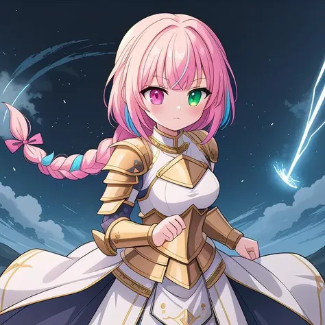masterpiece, high quality, highres, novel illustration, <lora:Goddess[Hard]:0.8> Goddess, Goddess Style, Battle Goddess, Godlike Creature, Godlike, 1girl, solo, armor, knight electricity, glowing, glowing eyes, glowing weapon, fighting stance, (braid:1.2), heterochromia, multicolored hair,