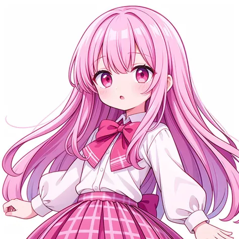 best quality, ultra-detailed,
1girl, solo, little girl, solo, long hair, pink hair, red eyes, flat chest, bangs,
pink bowtie, shirt, long sleeves, plaid skirt,