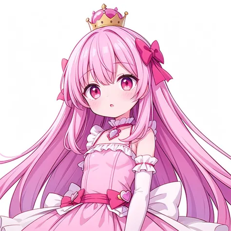 best quality, ultra-detailed, 
1girl, solo, little girl, solo, long hair, pink hair, red eyes, flat chest, bangs,
crown, pink bow, pink dress, elbow gloves, frills,