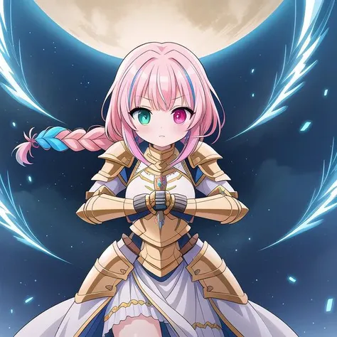 masterpiece, high quality, highres, novel illustration, <lora:Goddess[Hard]:0.8> Goddess, Goddess Style, Battle Goddess, Godlike Creature, Godlike, 1girl, solo, armor, knight electricity, glowing, glowing eyes, glowing weapon, fighting stance, (braid:1.2), heterochromia, multicolored hair,