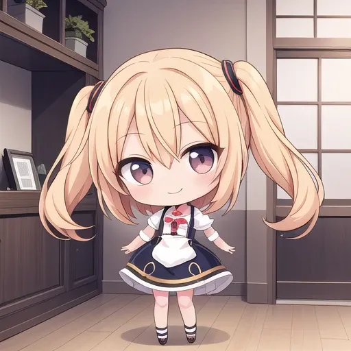 1girl, (chibi:1.4), smile, closed mouth, dynamic angle, standing, , blonde hair, indoors
