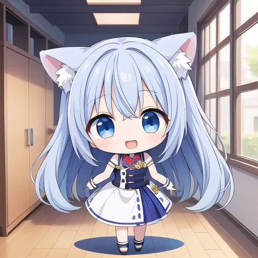 1girl, (chibi:1.4), smile, open mouth, dynamic angle, standing, animal ear, blue hair, indoors