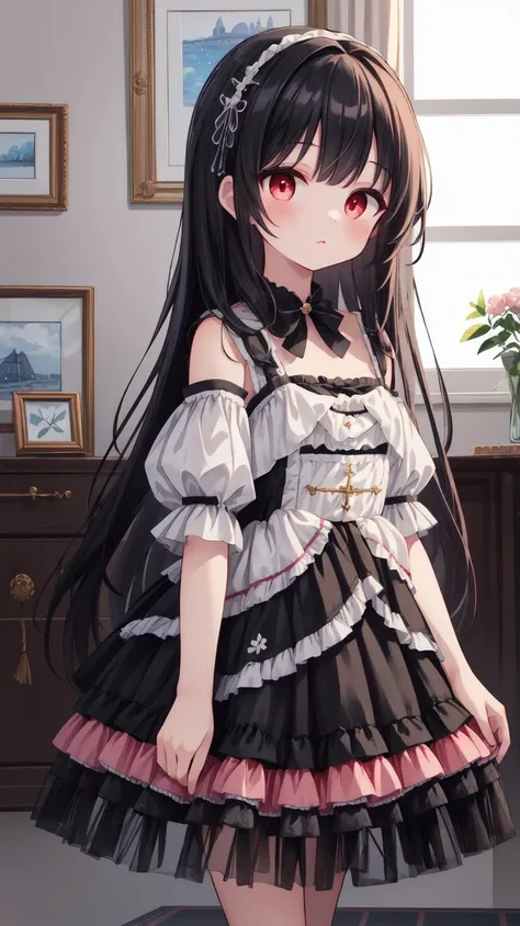 best quality, highres,1 woman,Slender、small face、brown eyes、(tall:1.3)、black hair BREAK、long hair、standing position、(black maid outfit:1.3 BREAK)、off-the-shoulder top、skirt lift,pink lace panties、Braid、(25 years old:1.3)
