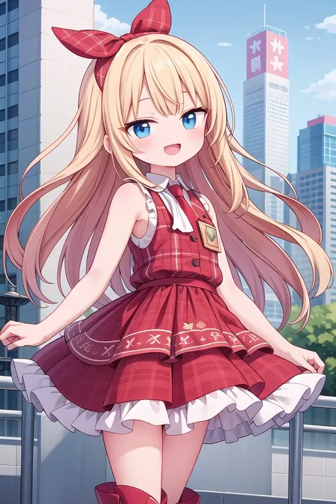 (cleavage:-1.5), insanely detailed, absurdres, ultra-highres, ultra-detailed, best quality,
1girl, solo, nice hands, perfect hands,
BREAK
(Enchant:1.4), (red theme:1.4), ((red plaid pattern, tone on tone):1.4), (idol uniform:1.2), (fusion of sleeveless (red plaid pattern) vest and red sundress:1.4), (red tie:1.4), ((red plaid pattern) multi-layered skirt with ruffles:1.3), ((red:1.3) platform HIGH boots:1.1), (red plaid pattern ribbon on head:1.3)
BREAK
happy smile, laugh, open mouth,
standing,own hands together,
cowboy shot,
BREAK
slender, kawaii, perfect symmetrical face, ultra cute girl, ultra cute face, ultra detailed eyes, ultra detailed hair, ultra cute, ultra beautiful,
BREAK
day, (cityscape in tokyo:1.2), ultra detailed background, blue sky, bay side, panorama view, (evening:-1.5), (night:-1.5),
medium breasts, blonde hair, blue eyes