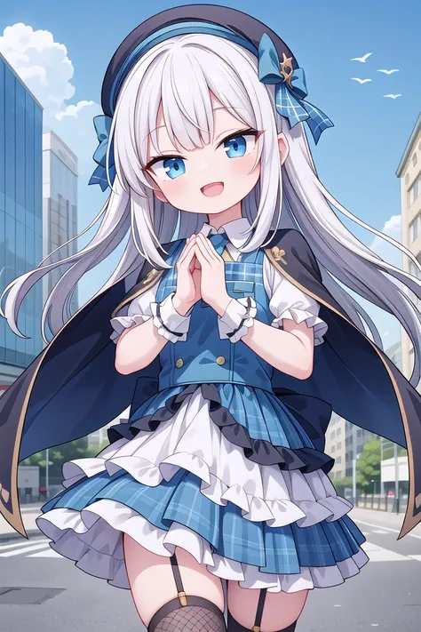 (cleavage:-1.5), insanely detailed, absurdres, ultra-highres, ultra-detailed, best quality,
1girl, solo, nice hands, perfect hands,
BREAK
(gothic drress, Idol costume:1.3), (blue and white theme:1.2), (white blouse:1.4), (white collar, tie:1.3), (open short-cape:1.3), (short sleeve:1.2), (blue tartan-check pattern (ruffle-skirt, multilayer-skirt):1.4), (white basque-beret with ribbon:1.3), (Fishnet stockings:1.3), (glove:1.2), (cleavage:-1.5)
BREAK
happy smile, laugh, open mouth,
standing,own hands together,
cowboy shot,
BREAK
slender, kawaii, perfect symmetrical face, ultra cute girl, ultra cute face, ultra detailed eyes, ultra detailed hair, ultra cute, ultra beautiful,
BREAK
cityscape in tokyo, ultra detailed background, blue sky, bay side, panorama view,
medium breasts, white hair, blue eyes