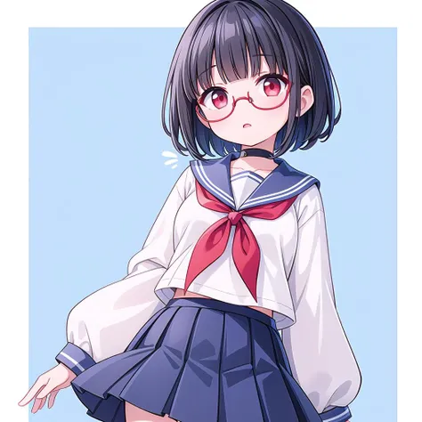 masterpiece, best quality,
1girl, solo, little girl, black hair, short hair, blunt bangs, red eyes, small breasts, glasses, choker,
sailor collar, blue neckerchief, sailor shirt, white shirt, long sleeves, pleated skirt, blue skirt, black thighhighs