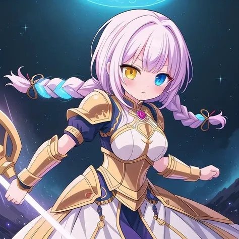 masterpiece, high quality, highres, novel illustration, <lora:Goddess[Hard]:0.8> Goddess, Goddess Style, Battle Goddess, Godlike Creature, Godlike, 1girl, solo, armor, knight electricity, glowing, glowing eyes, glowing weapon, fighting stance, (braid:1.2), heterochromia, multicolored hair,