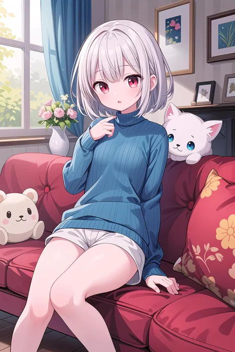 (masterpiece, best quality, ultra-detailed, extremely detailed, official art, professional lighting, sunlight), BREAK
1girl, solo,skinny, silver hair, short hair, (ultra detailed eyes:1.2), red eyes, small breasts, extremely detailed clothing, long sleeve, (blue sweater), shorts, BREAK
living room, green sofa, stuffed toy,