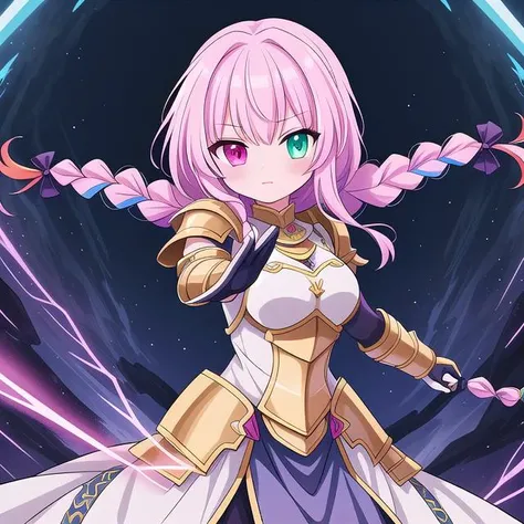 masterpiece, high quality, highres, novel illustration, <lora:Goddess[Hard]:0.8> Goddess, Goddess Style, Battle Goddess, Godlike Creature, Godlike, 1girl, solo, armor, knight electricity, glowing, glowing eyes, glowing weapon, fighting stance, (braid:1.2), heterochromia, multicolored hair,