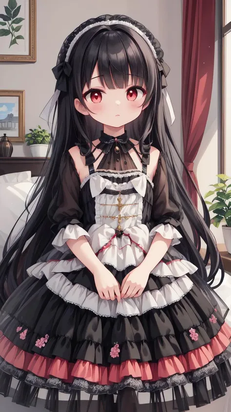 ,(masterpiece),(highres),(high quality),(beautiful illustration),
,(cute girl:1.2),(solo),(skinny),(petite),
,(black hair:1.2),(red eyes:1.2),(long hair:1.2),
,(black gothic dress),
,(indoors),
,(looking at viewer),
, <lora:Gothic_Rolita:1>,